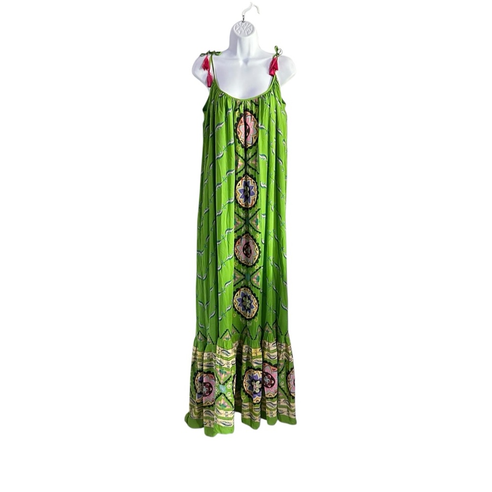 Saloni Edie Emerald Green Halo Print Tassel Tie Shoulder Silk Maxi Dress 0 NWT - Picture 4 of 13